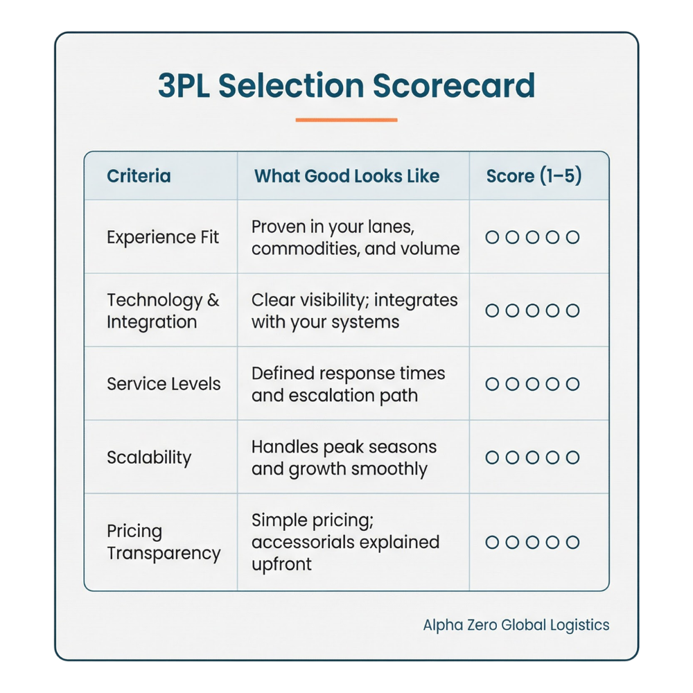 Checklist for choosing a 3PL: technology fit, industry experience, coverage, scalability, and reliability